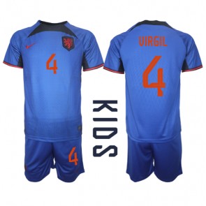 Holland Virgil van Dijk #4 Udebanesæt Børn VM 2022 Kort ærmer (+ korte bukser)